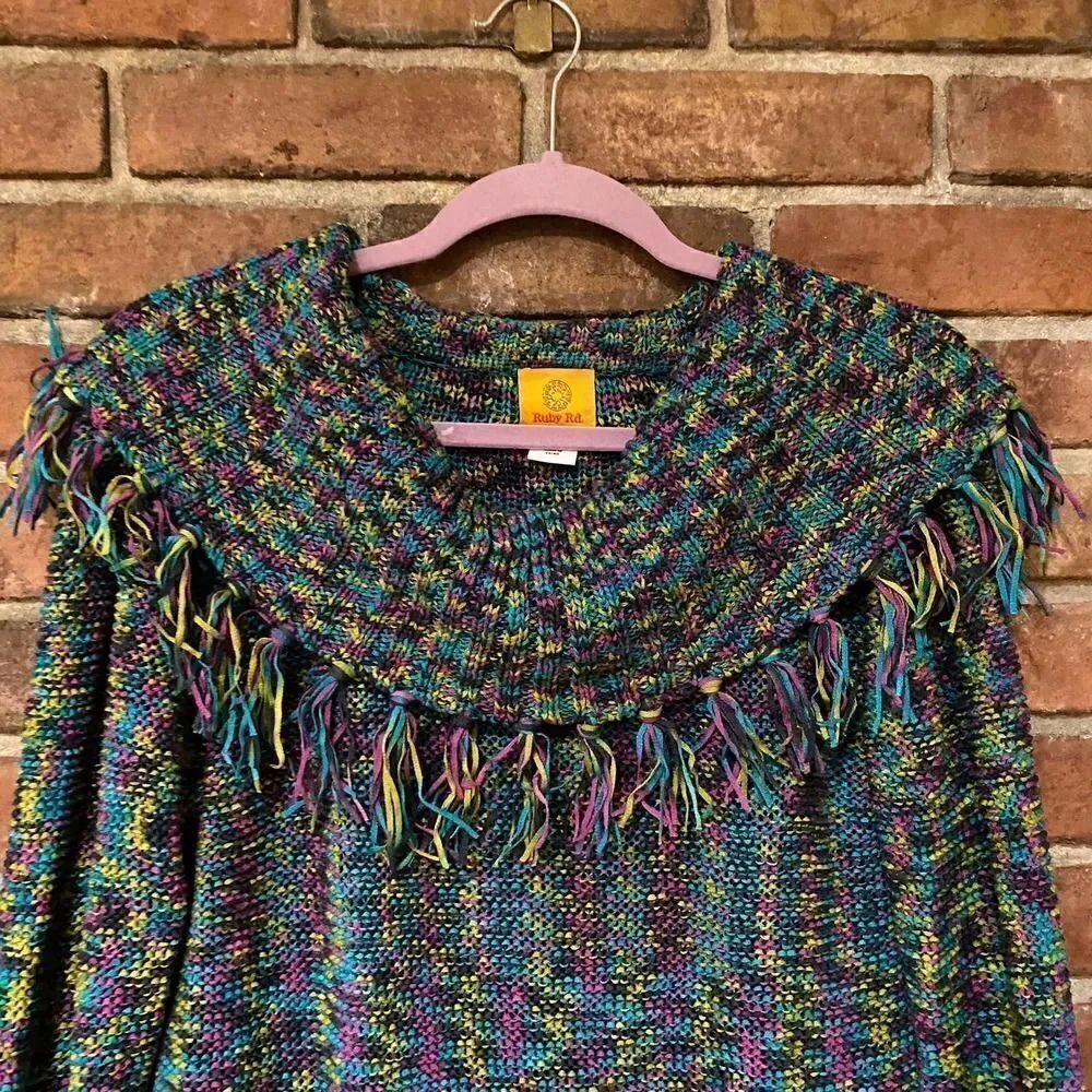 Ruby Rd Multicolor Layered Neck Top with Fringe Large - Picture 4 of 10